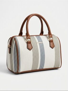 NWT - Structured Cream & Brown Striped Women's Satchel